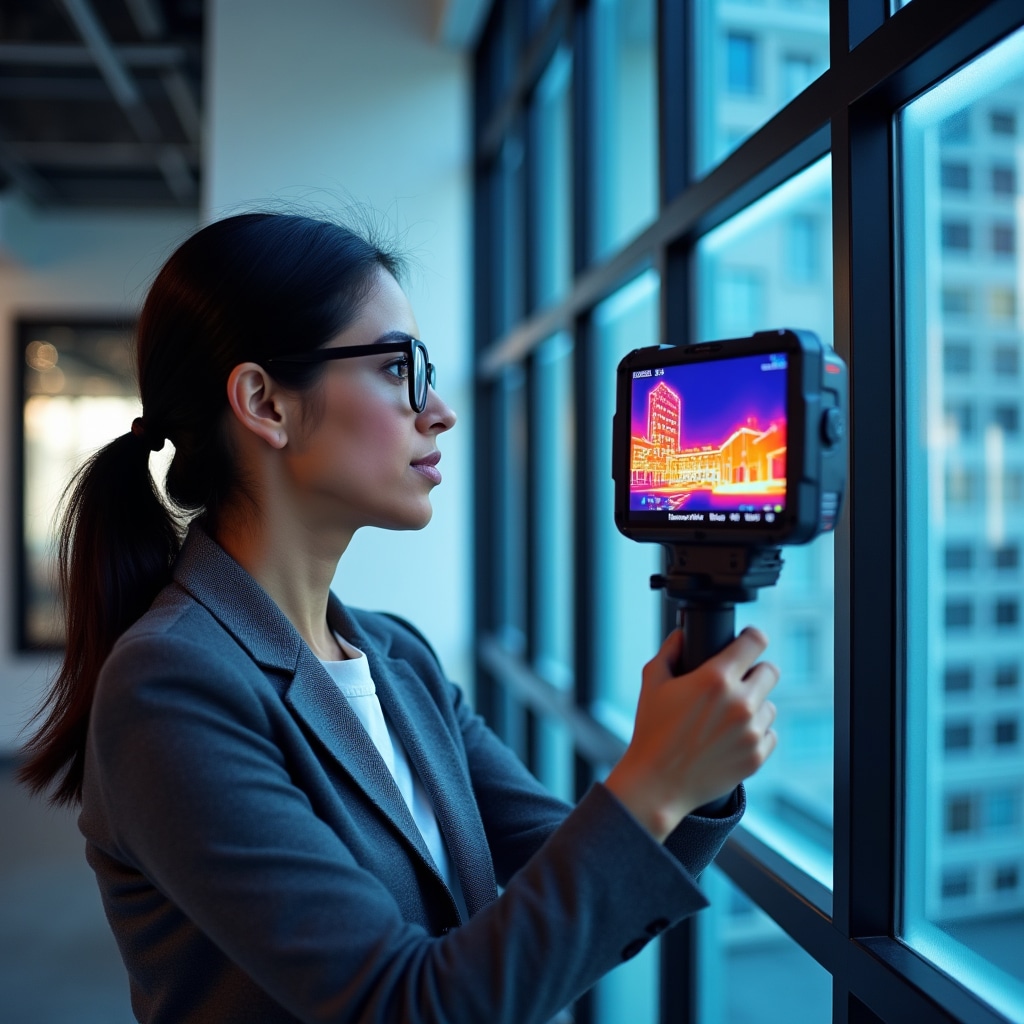 Energy efficiency consultant analyzing building data with thermal imaging equipment