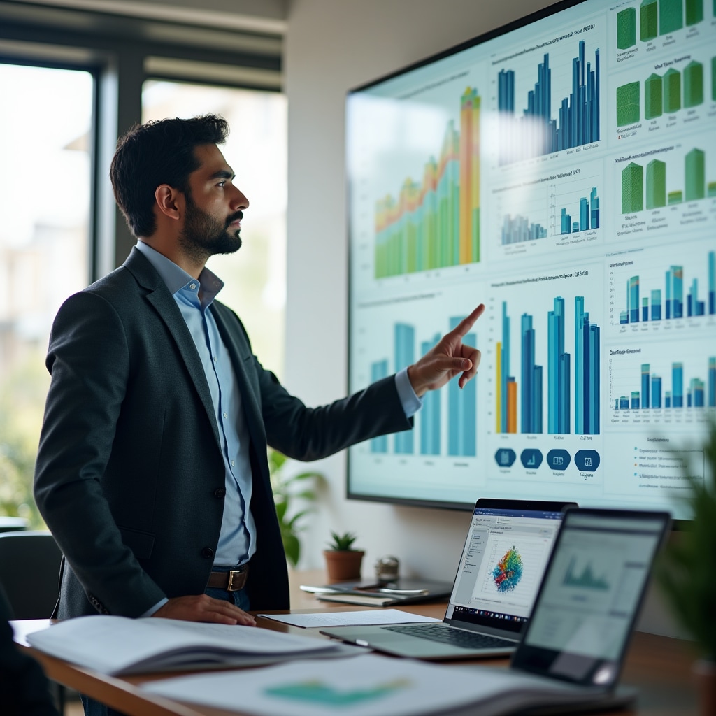 Energy efficiency consultant explaining building performance metrics and compliance requirements to client