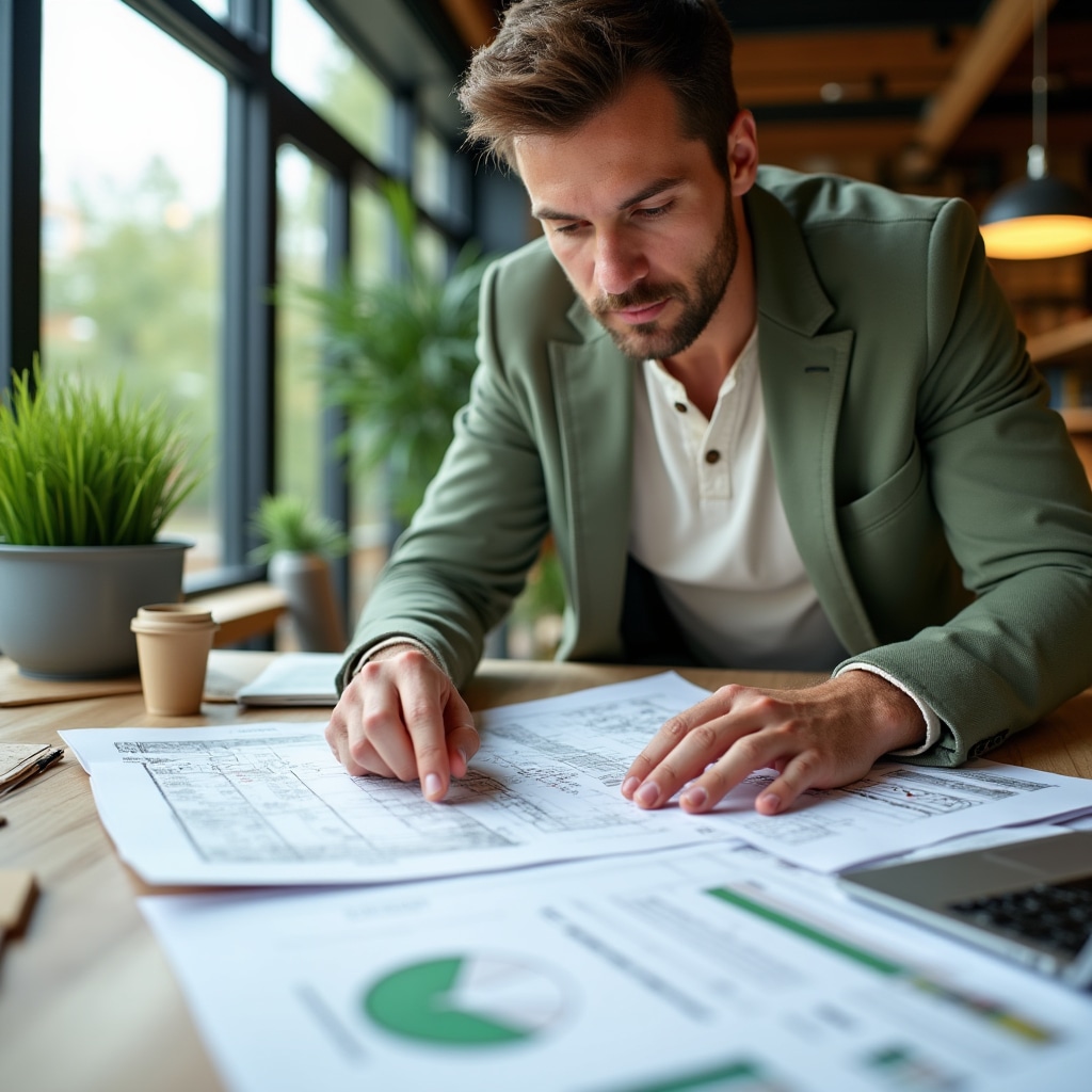 Professional reviewing green building certification documentation with sustainable materials samples