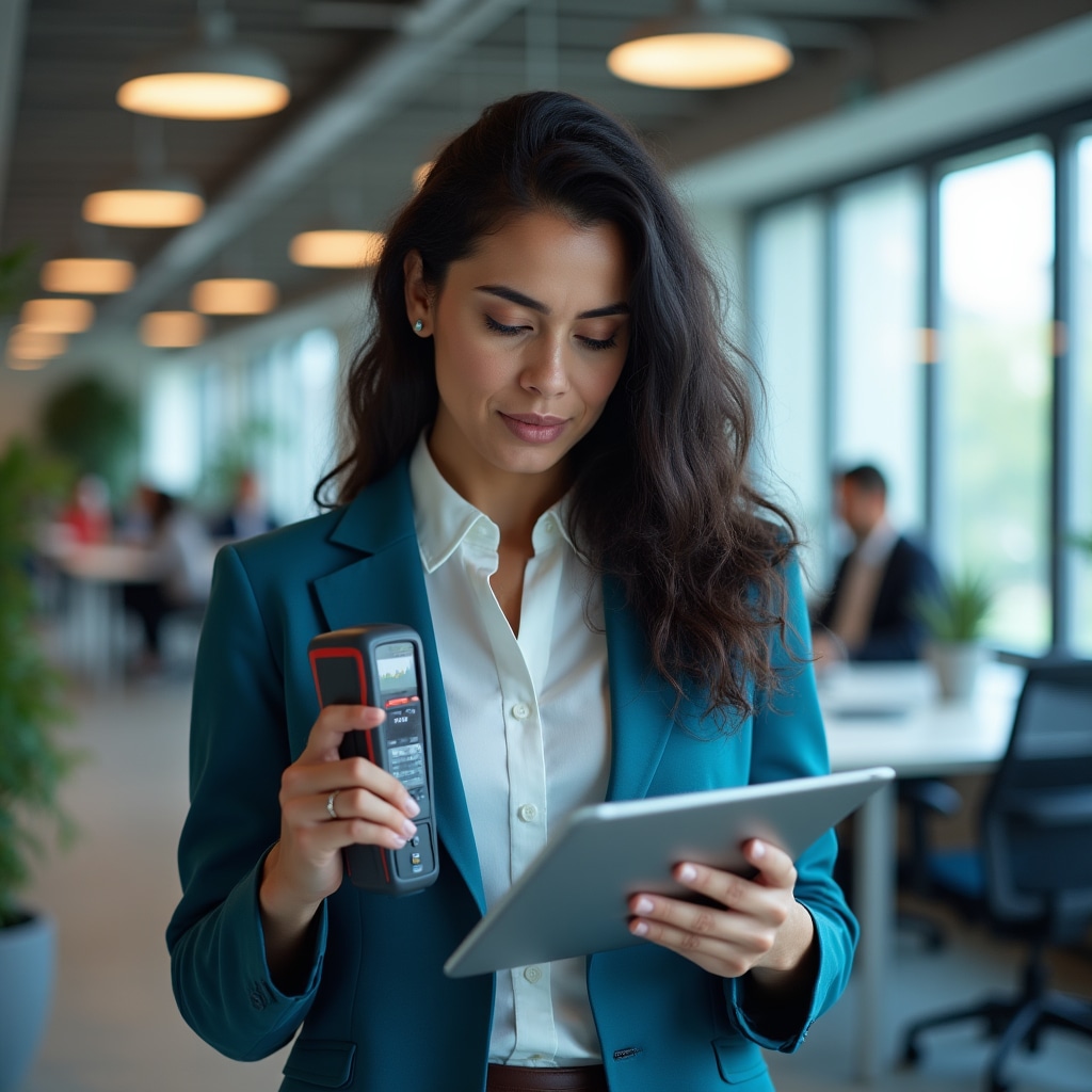Indoor air quality specialist conducting environmental testing with monitoring equipment in modern office