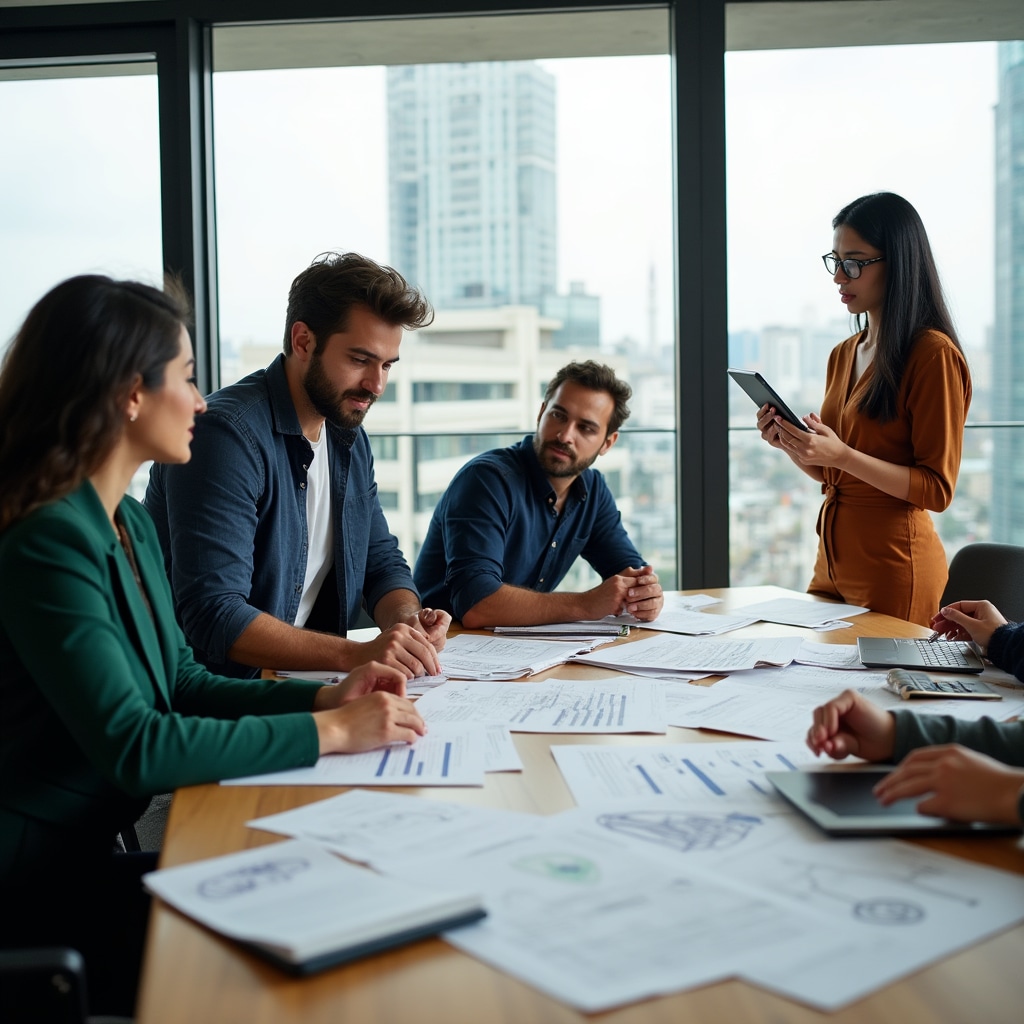 Professional team reviewing building code compliance documentation and regulatory requirements