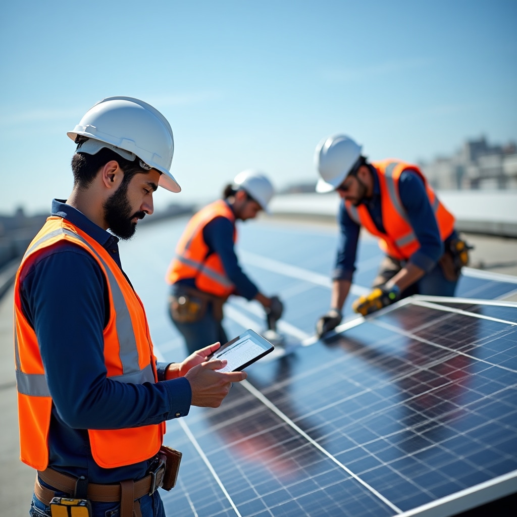 Solar panel installation on commercial building rooftop with technical documentation review