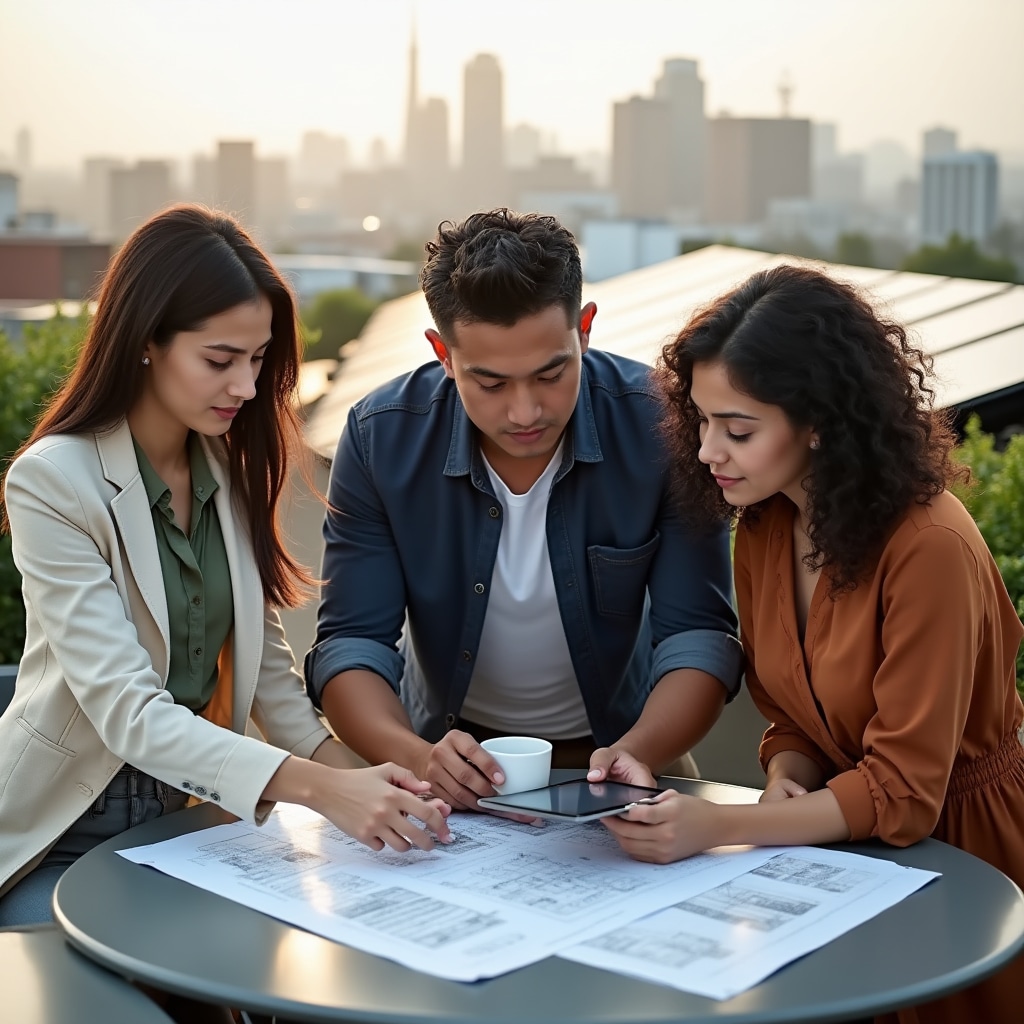 Team reviewing sustainable building plans on outdoor terrace workspace