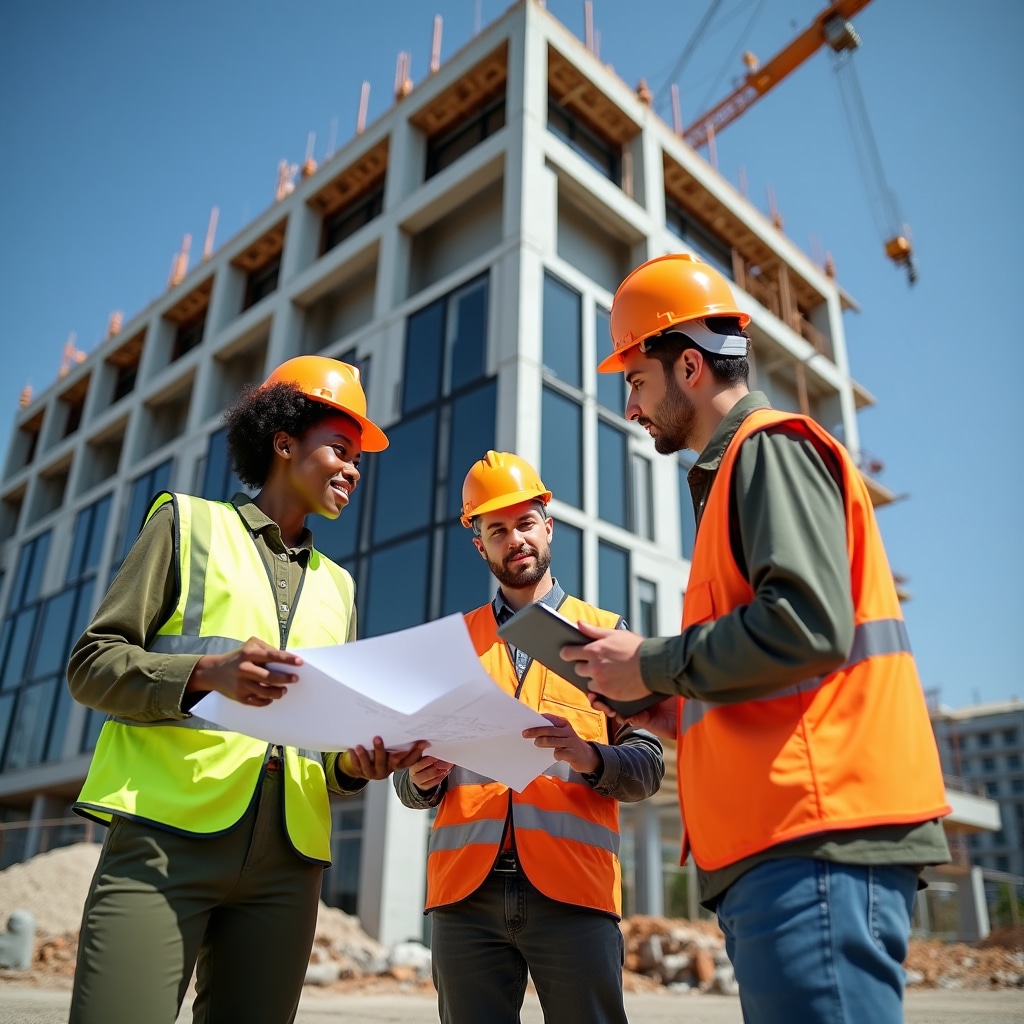 Modern sustainable construction site with green building materials and energy-efficient systems installation