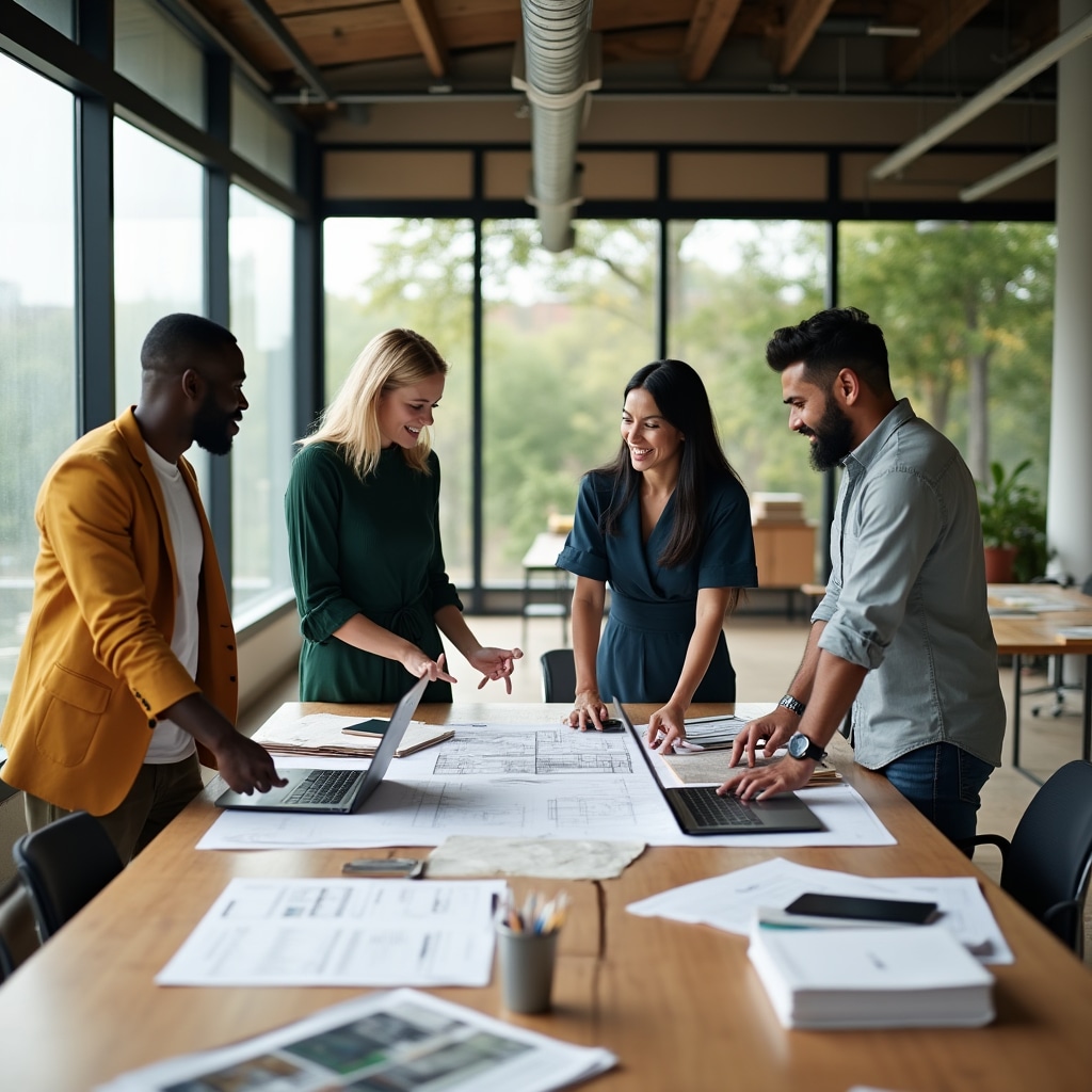 Professional team collaborating on sustainability documentation in modern office environment